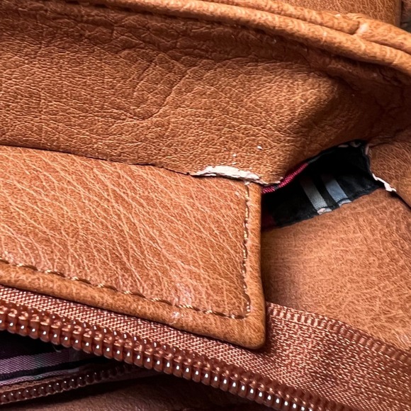 Vintage Style Tan Faux Leather Satchel Bag Plaid Lining Handle Shoulder Strap - Picture 12 of 13